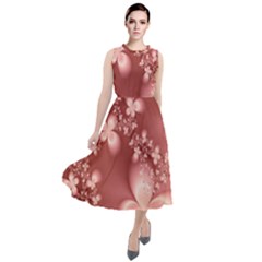 Tea Rose Colored Floral Pattern Round Neck Boho Dress by SpinnyChairDesigns