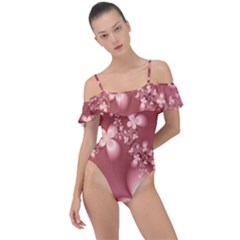 Tea Rose Colored Floral Pattern Frill Detail One Piece Swimsuit by SpinnyChairDesigns