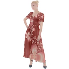 Tea Rose Colored Floral Pattern Button Up Short Sleeve Maxi Dress