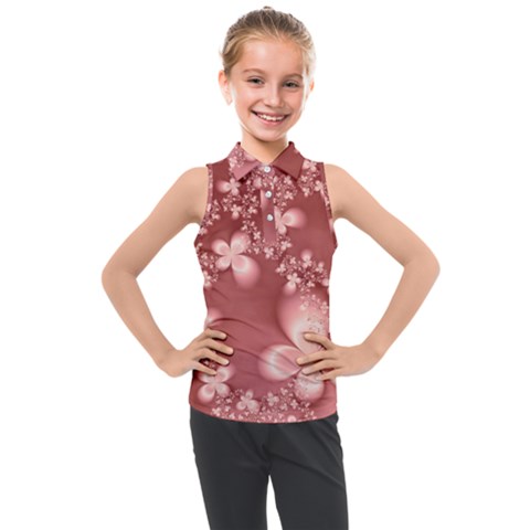 Tea Rose Colored Floral Pattern Kids  Sleeveless Polo Tee by SpinnyChairDesigns