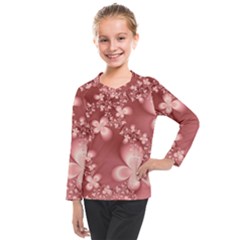 Tea Rose Colored Floral Pattern Kids  Long Mesh Tee