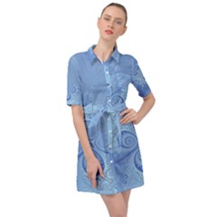 Light Blue Intricate Swirls Pattern Belted Shirt Dress by SpinnyChairDesigns