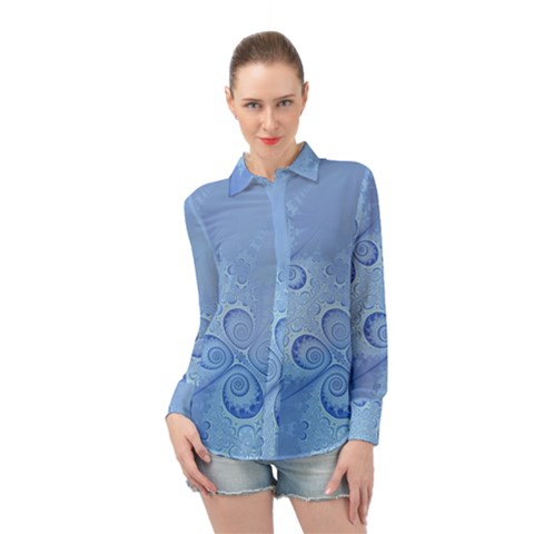 Light Blue Intricate Swirls Pattern Long Sleeve Chiffon Shirt by SpinnyChairDesigns