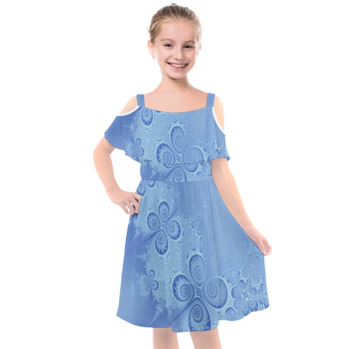 Light Blue Intricate Swirls Pattern Kids  Cut Out Shoulders Chiffon Dress