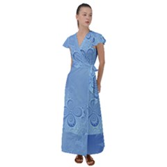 Light Blue Intricate Swirls Pattern Flutter Sleeve Maxi Dress by SpinnyChairDesigns