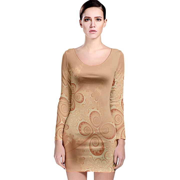 Coral Peach Intricate Swirls Pattern Long Sleeve Bodycon Dress