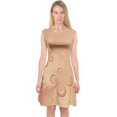 Coral Peach Intricate Swirls Pattern Capsleeve Midi Dress by SpinnyChairDesigns