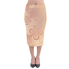 Coral Peach Intricate Swirls Pattern Velvet Midi Pencil Skirt by SpinnyChairDesigns