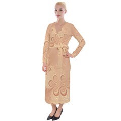 Coral Peach Intricate Swirls Pattern Velvet Maxi Wrap Dress by SpinnyChairDesigns