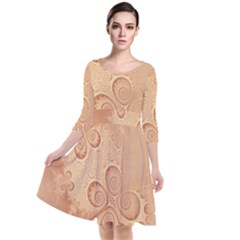 Coral Peach Intricate Swirls Pattern Quarter Sleeve Waist Band Dress by SpinnyChairDesigns