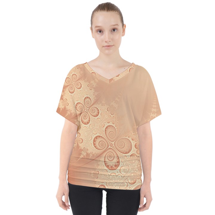 Coral Peach Intricate Swirls Pattern V-Neck Dolman Drape Top