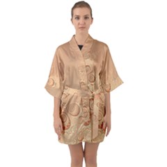 Coral Peach Intricate Swirls Pattern Half Sleeve Satin Kimono  by SpinnyChairDesigns