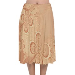 Coral Peach Intricate Swirls Pattern Velvet Flared Midi Skirt by SpinnyChairDesigns