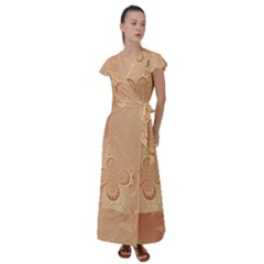 Coral Peach Intricate Swirls Pattern Flutter Sleeve Maxi Dress by SpinnyChairDesigns