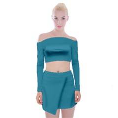 Mosaic Blue Pantone Solid Color Off Shoulder Top With Mini Skirt Set by FlagGallery