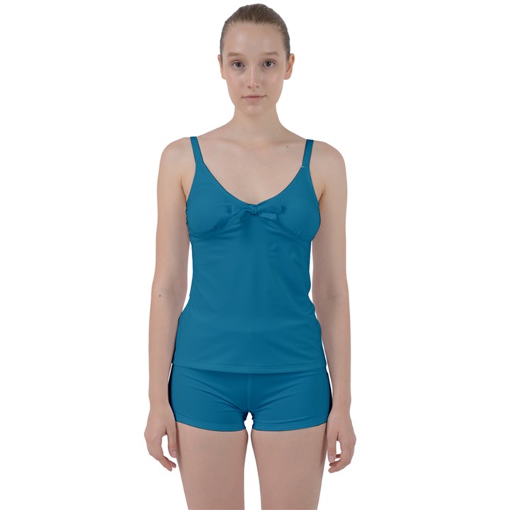 Mosaic Blue Pantone Solid Color Tie Front Two Piece Tankini