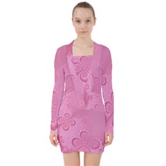 Pink Intricate Swirls Pattern V-neck Bodycon Long Sleeve Dress by SpinnyChairDesigns