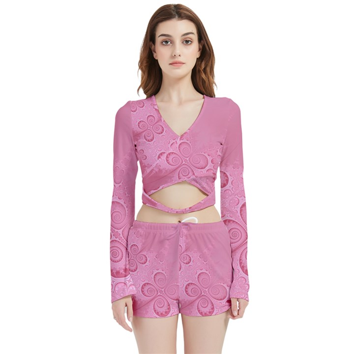 Pink Intricate Swirls Pattern Velvet Wrap Crop Top