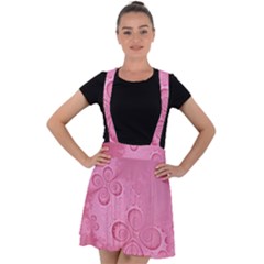 Pink Intricate Swirls Pattern Velvet Suspender Skater Skirt by SpinnyChairDesigns