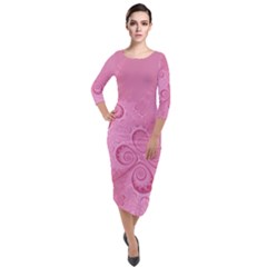 Pink Intricate Swirls Pattern Quarter Sleeve Midi Velour Bodycon Dress by SpinnyChairDesigns