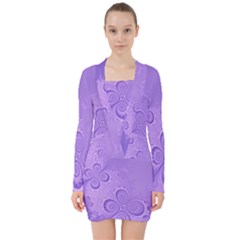 Purple Intricate Swirls Pattern V-neck Bodycon Long Sleeve Dress by SpinnyChairDesigns