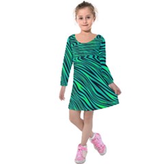 Black And Green Abstract Stripes Pattern Kids  Long Sleeve Velvet Dress by SpinnyChairDesigns