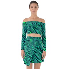 Black And Green Abstract Stripes Pattern Off Shoulder Top With Skirt Set by SpinnyChairDesigns