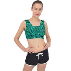 Black And Green Abstract Stripes Pattern V-back Sports Bra by SpinnyChairDesigns