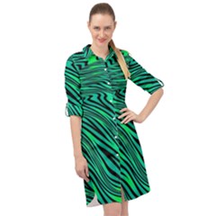 Black And Green Abstract Stripes Pattern Long Sleeve Mini Shirt Dress by SpinnyChairDesigns