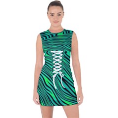 Black And Green Abstract Stripes Pattern Lace Up Front Bodycon Dress by SpinnyChairDesigns