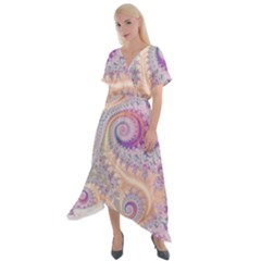 Pastel Pink Intricate Swirls Spirals  Cross Front Sharkbite Hem Maxi Dress by SpinnyChairDesigns