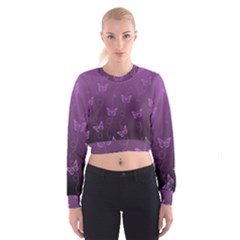 Purple Butterflies Pattern Cropped Sweatshirt by SpinnyChairDesigns