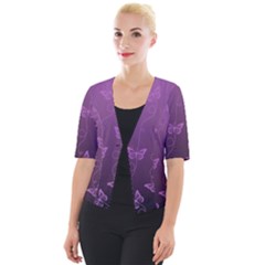 Purple Butterflies Pattern Cropped Button Cardigan by SpinnyChairDesigns