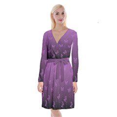 Purple Butterflies Pattern Long Sleeve Velvet Front Wrap Dress by SpinnyChairDesigns