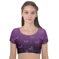 Purple Butterflies Pattern Velvet Short Sleeve Crop Top  by SpinnyChairDesigns