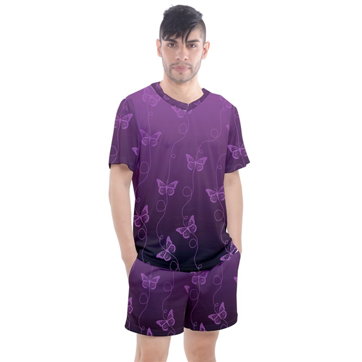 Purple Butterflies Pattern Men s Mesh Tee and Shorts Set