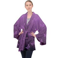 Purple Butterflies Pattern Long Sleeve Velvet Kimono  by SpinnyChairDesigns