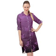 Purple Butterflies Pattern Long Sleeve Mini Shirt Dress by SpinnyChairDesigns