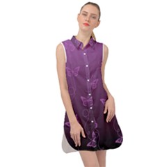 Purple Butterflies Pattern Sleeveless Shirt Dress by SpinnyChairDesigns