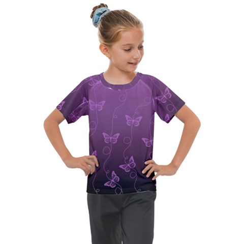 Purple Butterflies Pattern Kids  Mesh Piece Tee by SpinnyChairDesigns