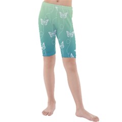 White Butterflies On Blue And Light Green Kids  Mid Length Swim Shorts by SpinnyChairDesigns