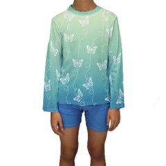 White Butterflies On Blue And Light Green Kids  Long Sleeve Swimwear by SpinnyChairDesigns