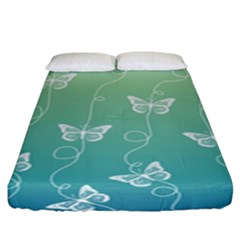 White Butterflies On Blue And Light Green Fitted Sheet (king Size) by SpinnyChairDesigns