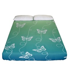 White Butterflies On Blue And Light Green Fitted Sheet (california King Size) by SpinnyChairDesigns