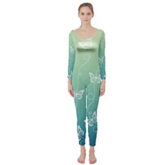 White Butterflies On Blue And Light Green Long Sleeve Catsuit by SpinnyChairDesigns