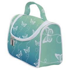 White Butterflies On Blue And Light Green Satchel Handbag by SpinnyChairDesigns