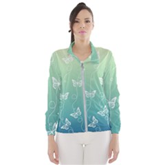 White Butterflies On Blue And Light Green Women s Windbreaker by SpinnyChairDesigns