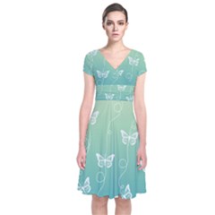 White Butterflies On Blue And Light Green Short Sleeve Front Wrap Dress by SpinnyChairDesigns