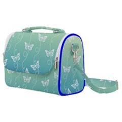 White Butterflies On Blue And Light Green Satchel Shoulder Bag by SpinnyChairDesigns