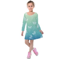 White Butterflies On Blue And Light Green Kids  Long Sleeve Velvet Dress by SpinnyChairDesigns